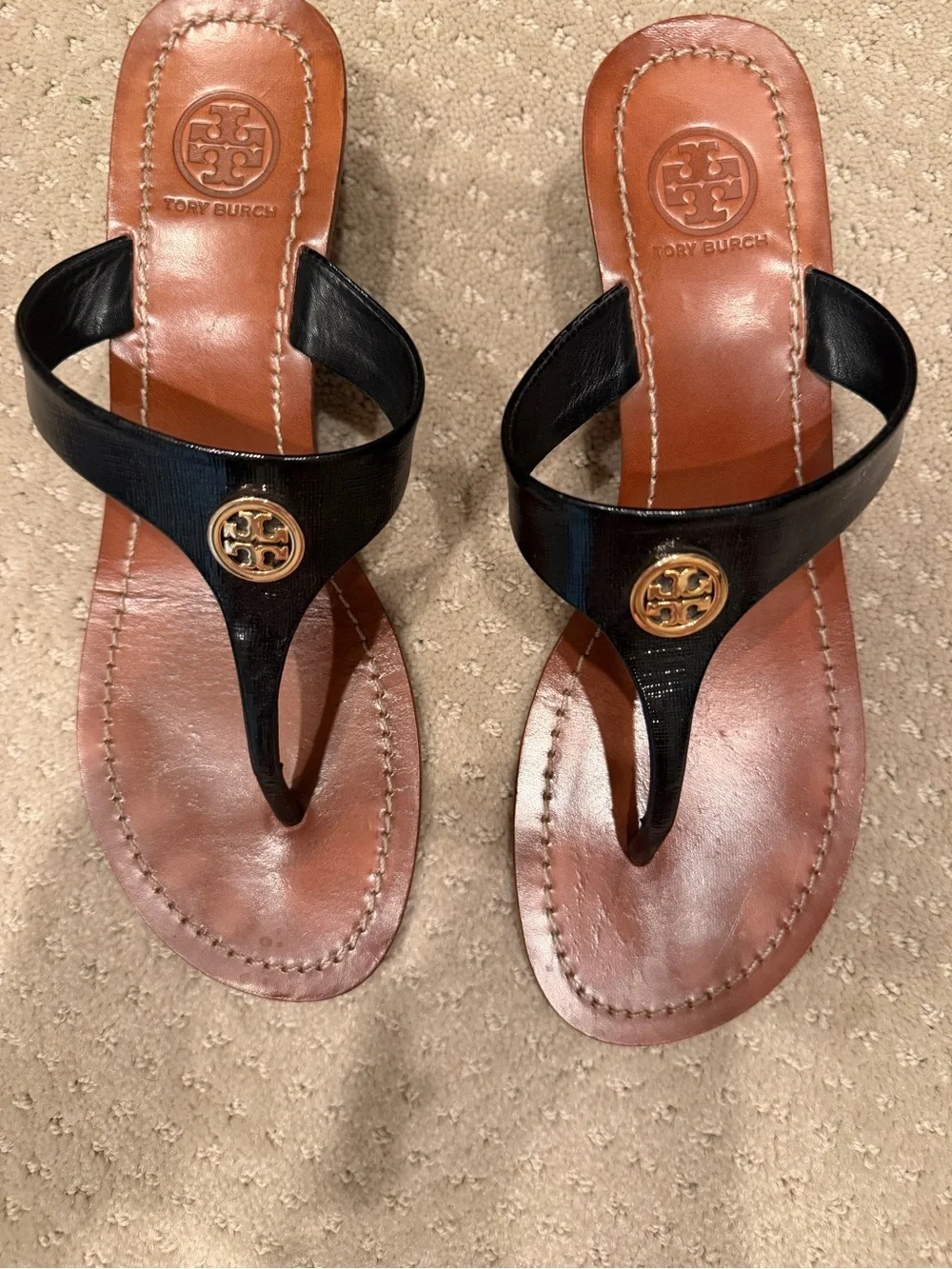 Tory Burch Black Leather Thong Sandals with Gold Logo